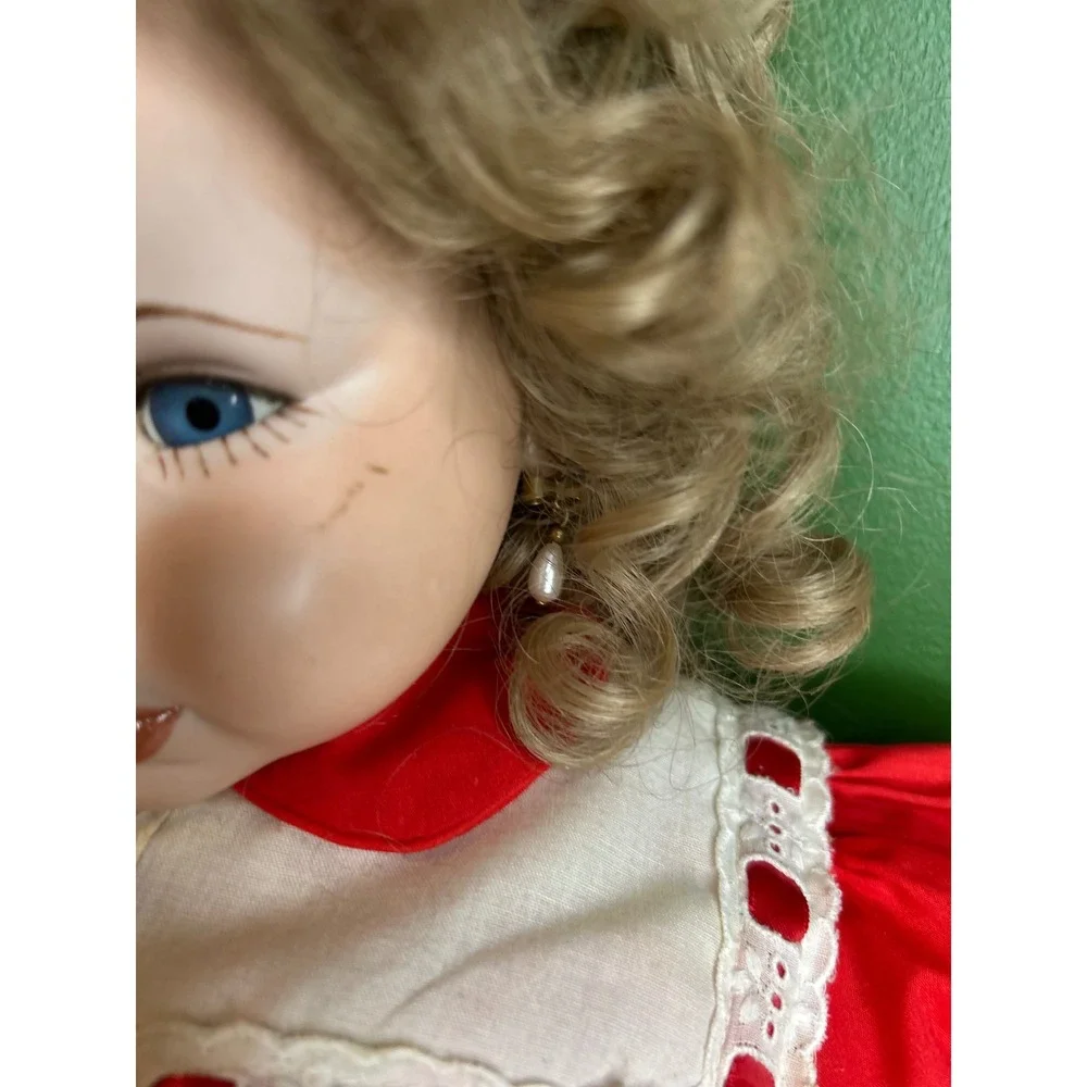 Vintage Porcelain Collector Doll Blonde Curly Hair Red White Lace Dress BlueEyes